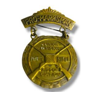 Vintage NRA Pro-Marksman Junior Division Badge Pin Medal 1.75" Goldtone